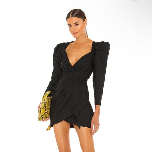 NBD Malone Dress black mini puff sleeve poplin party event Revolve Sz M - Picture 1 of 11